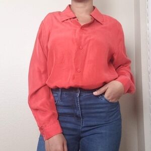 VINTAGE SILK LORE Beth Terrell Button Down Blouse Orange Sz M